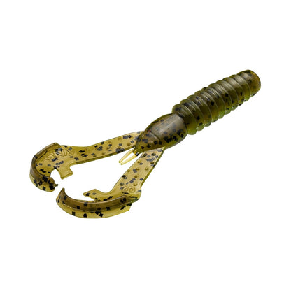 The Strike King Rage Ned Craw, offered by the brand Strike King, is a soft plastic lure designed to mimic a lobster claw, featuring a spiral body and an olive green color with black speckles.