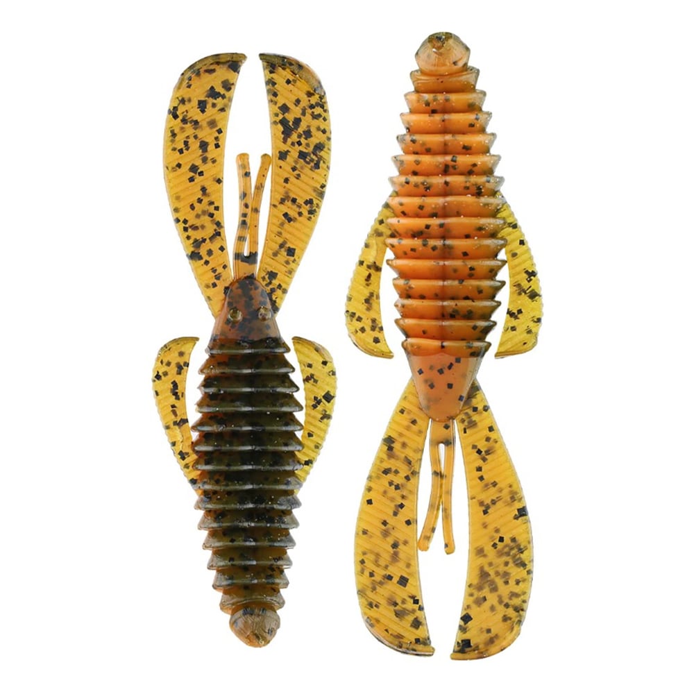 Two orange and black speckled rubber lures with ribbed bodies and two paddle-like appendages. These Strike King Midsize Rage Bug lures mimic insect-like soft plastic bait, providing versatile options for fishing enthusiasts.