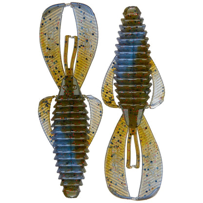 The Strike King Rage Bug is a set of two ribbed, translucent plastic fishing lures with large flat fins, speckled with red and blue dots, and tinted yellow-brown. These creature baits are expertly designed to mimic aquatic life for effective flipping bait action.