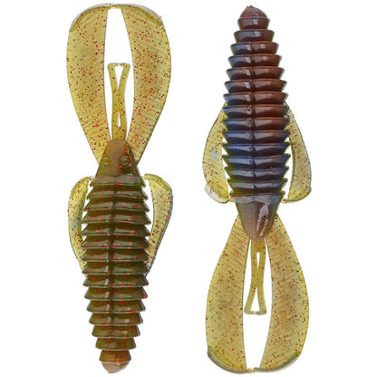 Strike King's Rage Bug lures, ideal for creature bait techniques, have ribbed bodies in green and brown with red speckles. Each soft plastic bait mimics a small aquatic creature with two split tail appendages, perfect for flipping.