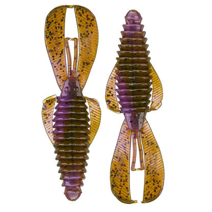 Two Strike King Rage Bug baits, featuring a brown and purple design, resemble insects with segmented bodies and wing-like appendages. These soft plastic creature baits by Strike King are crafted to mimic aquatic prey.