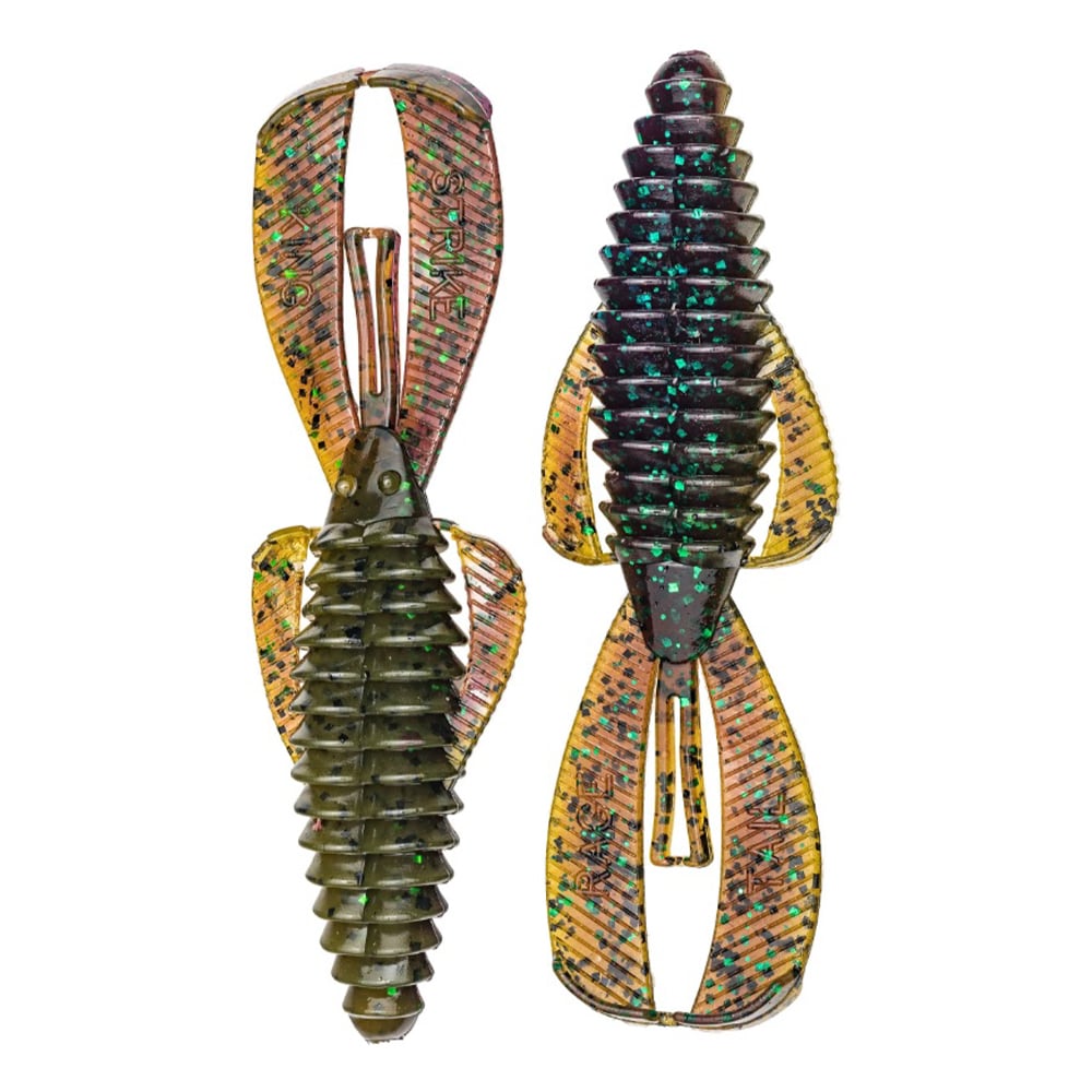 The Strike King Rage Bug lures, one in dark green with blue specks and the other golden with black and green flecks, feature ribbed bodies and large split tails. Resembling creature bait, their ridged design enhances water movement, making them ideal flipping baits.