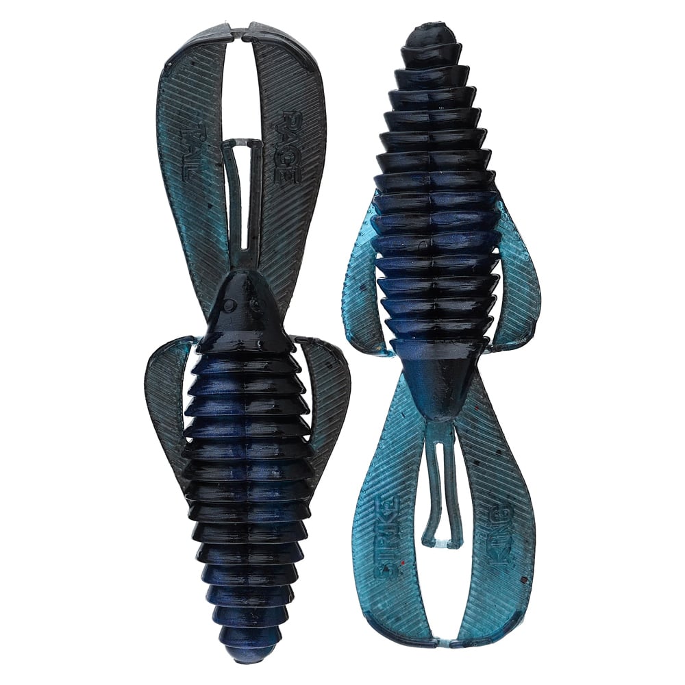 Two black and blue Strike King Midsize Rage Bug soft plastic lures with wing-like appendages are angled to display textured bodies and fins. Perfect for enticing any catch, these versatile baits demonstrate the quality of Strike King crafts.