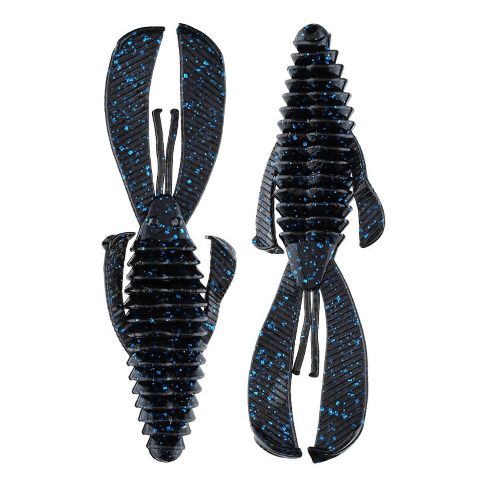 Two black Strike King fishing lures with blue speckles mimic crawfish, crafted from soft plastic. The left lure has large claws, and the Midsize Rage Bug on the right features a body with smaller appendages. Versatile bait viewed from above.