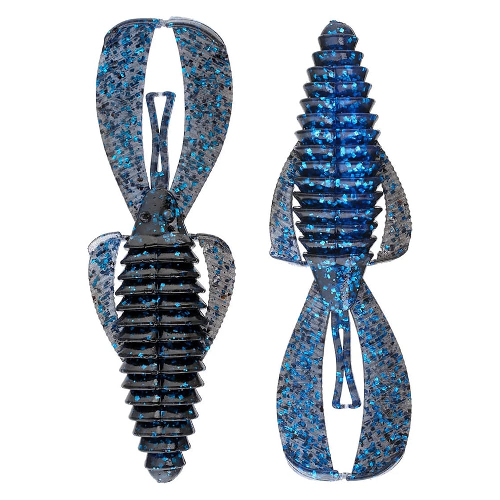 Two intricately designed blue and black creature bait lures feature ribbed bodies and wide, flat tails with shimmering blue glitter. Displayed on a white background, these lures showcase the craftsmanship of a finely-tuned Strike King Rage Bug by Strike King.