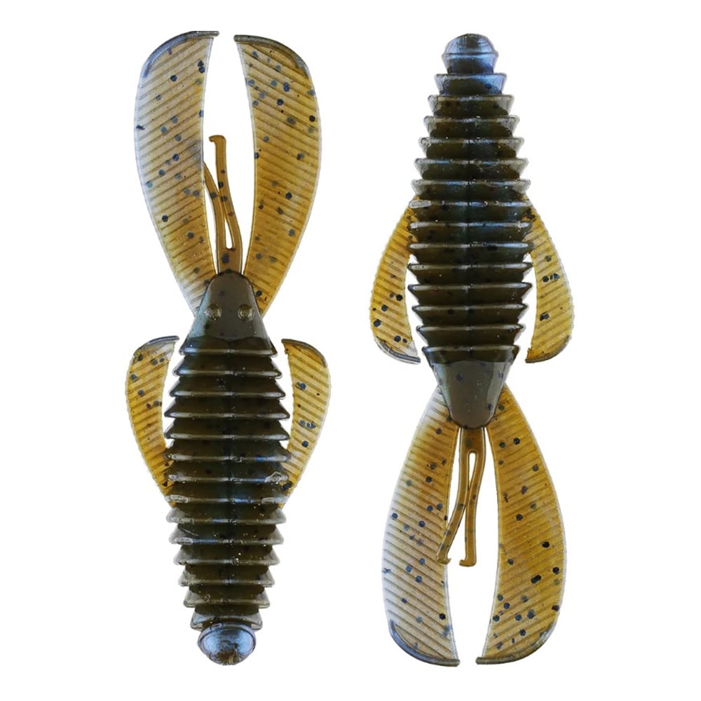 The Strike King Midsize Rage Bug lures feature ribbed brown bodies with black specks and paddle-like tails in a beaver-style design, ideal for mimicking terrestrial insects. The versatile soft plastic baits are shown from top and side views.