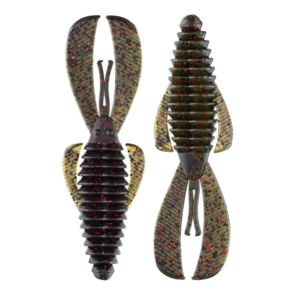 The Strike King Midsize Rage Bug lures are soft plastic baits shaped like crawfish with ribbed bodies and large pincers. Their green and black mottled pattern, highlighted by red glitter accents, makes these versatile for different fishing conditions.