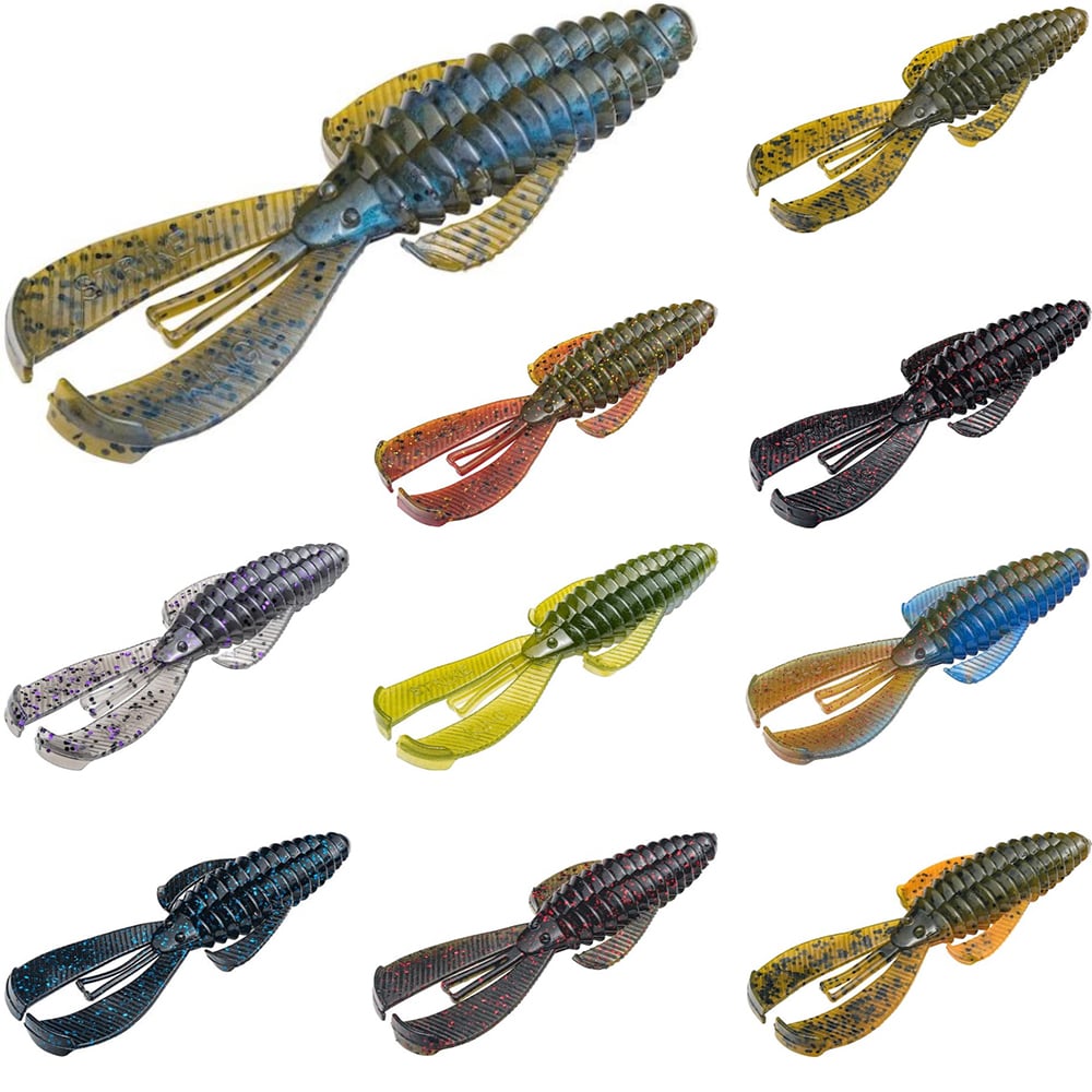 Ten Strike King Rage Bug lures by Strike King are showcased against a white background. These vibrant creature baits, in shades of green, red, blue, and yellow, feature ribbed bodies with multiple appendages resembling crayfish or aquatic creatures.