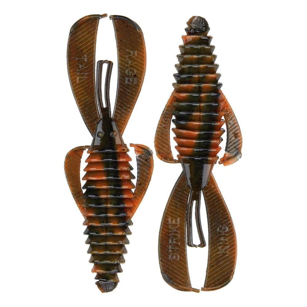 The Strike King Rage Bug, a dual-colored creature bait with ribbed bodies and wide flat appendages, is orange with black stripes. The tails are labeled "RAGE TAIL" and "STRIKE KING," making it perfect for flipping bait techniques.