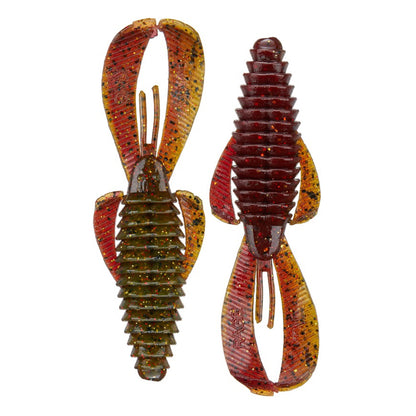 The Strike King Rage Bug, a set of two soft plastic fishing lures by Strike King, comes shaped like crawfish with ribbed bodies and paddle-like claws. One is green with orange and black specks, the other dark red with similar speck patterns, making them ideal creature baits for flipping techniques.