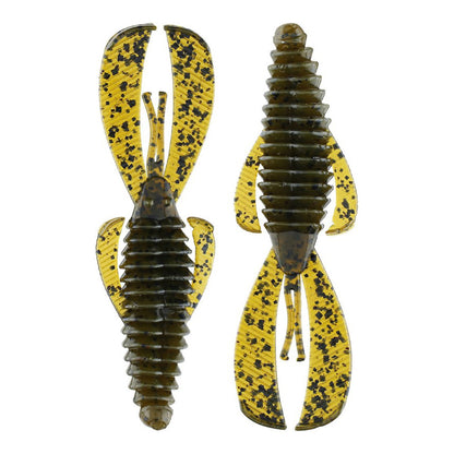 Two Strike King Midsize Rage Bug lures, crafted by Strike King, feature a creature-like design with ribbed bodies and large, paddle-shaped appendages. They are olive green with black speckles and have a shiny, translucent look, making them versatile bait for various fishing conditions.