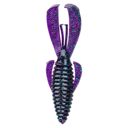 Introducing the Strike King Rage Bug, a creature bait with a segmented body in purple and black, speckled with green. Its design features large top appendages and smaller side ones, mimicking a crawfish or insect—ideal for flipping to entice fish.