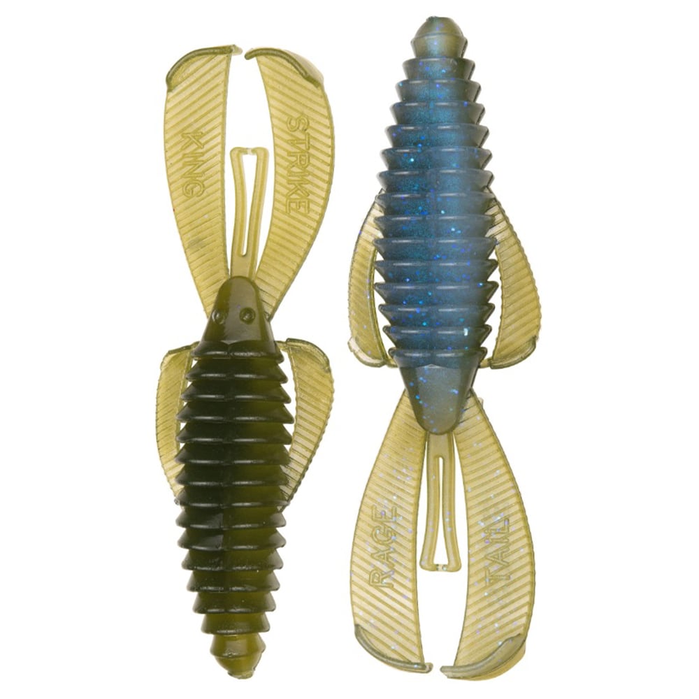 Featuring two soft plastic creature bait fishing lures with textured bodies and wide tails, this set includes a dark green Strike King Rage Bug and a shimmering blue one—ideal flipping baits for attracting aquatic creatures.