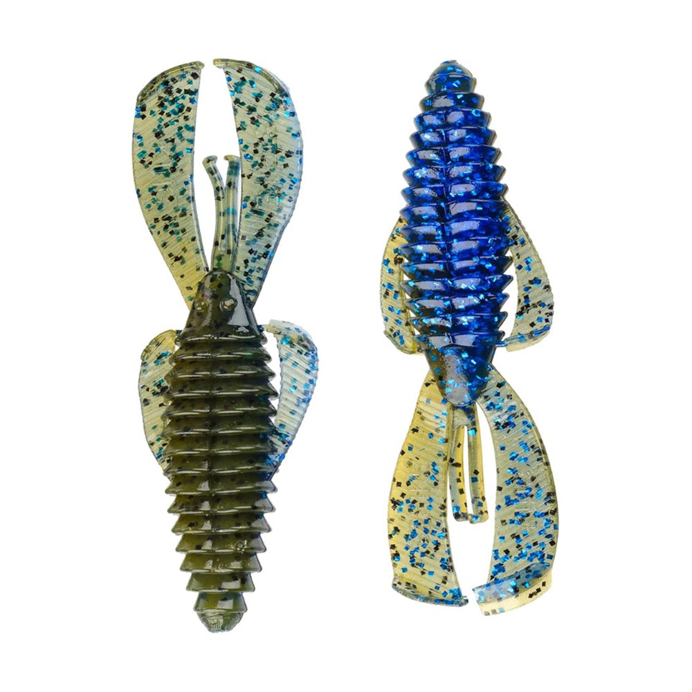 The Strike King Rage Bug includes two soft plastic fishing lures, one dark green and the other blue, featuring flecks, segmented bodies, and claw-like appendages to mimic aquatic life. Ideal for flipping and perfected in style for effective angling by Strike King.