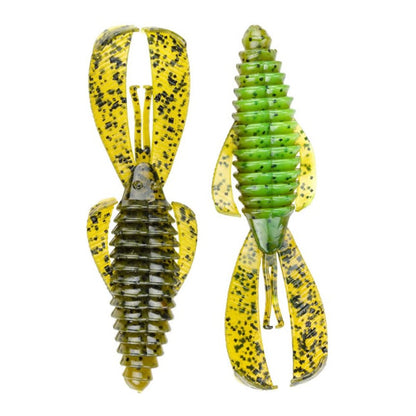 Two soft plastic fishing lures with ribbed bodies and large fluttering appendages: one is green with black speckles, while the Strike King Midsize Rage Bug in yellow/green with black speckles. Both have embedded hooks for optimal performance.