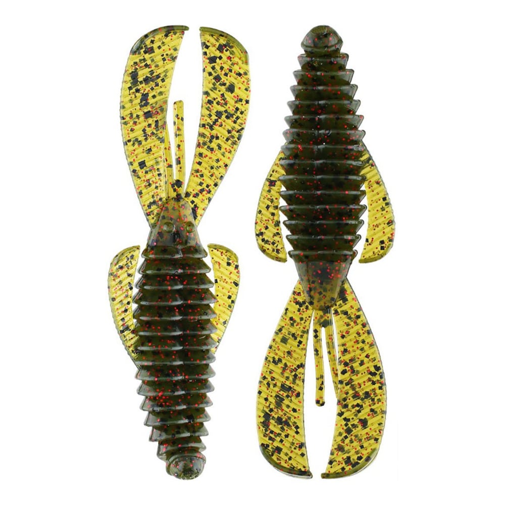 Two Strike King Midsize Rage Bug lures from Strike King feature a soft plastic body in green and yellow with red and black speckles. The ribbed design with large, fin-like appendages mimics aquatic creatures, providing versatile bait for any fishing adventure.