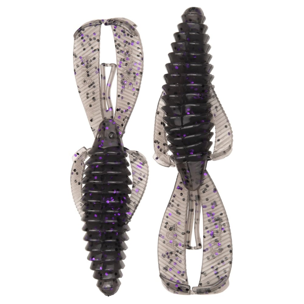 Two Strike King Rage Bug dark soft plastic fishing lures, resembling crawfish, have ribbed bodies with clear wing-like appendages speckled in purple. Ideal for creature or flipping bait, they're designed for optimal performance.