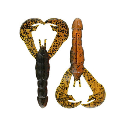 Displayed on a white background are two Strike King Rage Craw fishing lures by Strike King—one in dark brown and the other in an orange hue with black speckles. These soft plastic baits feature intricate claws and segmented bodies, closely mimicking the appearance of real crawfish.