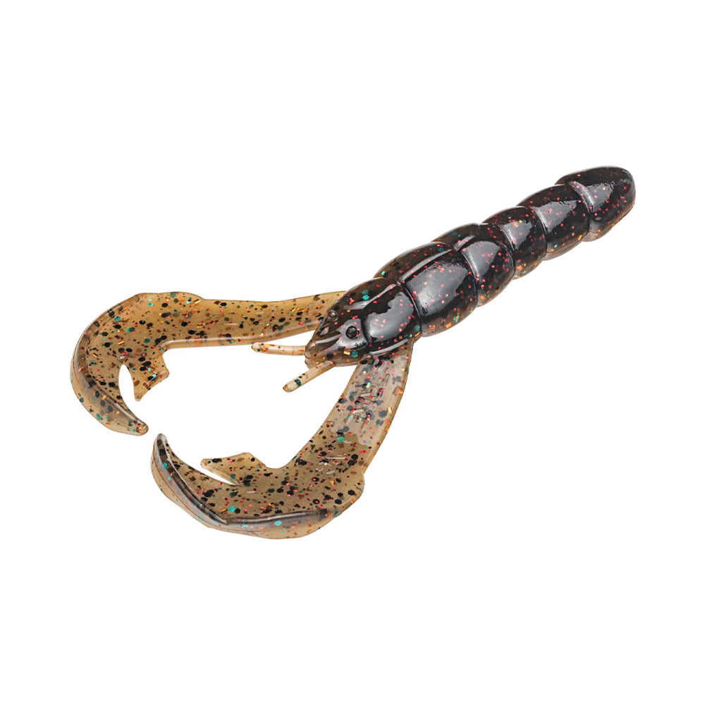 Introducing the Strike King Rage Craw fishing lure, crafted from durable soft plastic. This lifelike design features a dark, segmented body with brown, speckled pincers and detailed texturing. The glossy finish perfectly mimics a real crawfish, making it irresistible to fish.