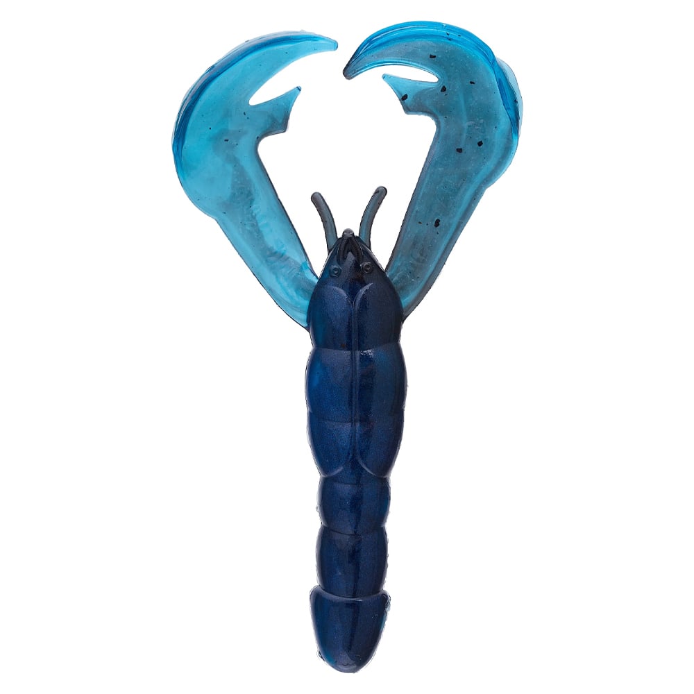 The Strike King Rage Craw is a soft plastic fishing lure crafted by Strike King, mimicking a blue crawfish with sizable translucent pincers and a segmented, opaque body. Displayed upright against a plain white background, it attracts fish with its realistic design.