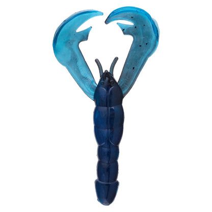 The Strike King Rage Craw is a soft plastic fishing lure crafted by Strike King, mimicking a blue crawfish with sizable translucent pincers and a segmented, opaque body. Displayed upright against a plain white background, it attracts fish with its realistic design.