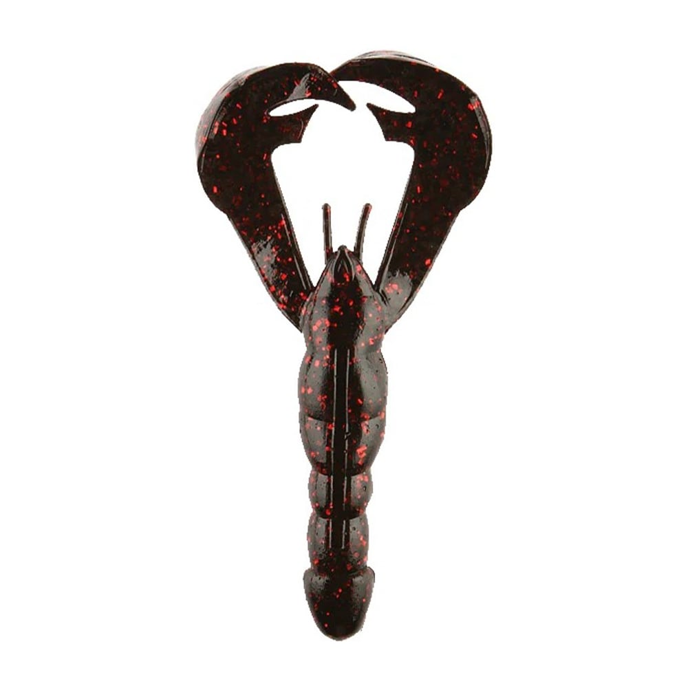 Introducing the Strike King Rage Craw by Strike King: a black soft plastic fishing lure resembling a crawfish, complete with red speckles, large claws, and a segmented body. Engineered to emulate realistic movements in water, this bait is perfect for attracting big catches.