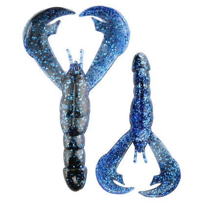 Two Strike King Rage Craw lures, featuring a crawfish shape in blue soft plastic, large claws, and reflective speckling throughout, are set against a white background.