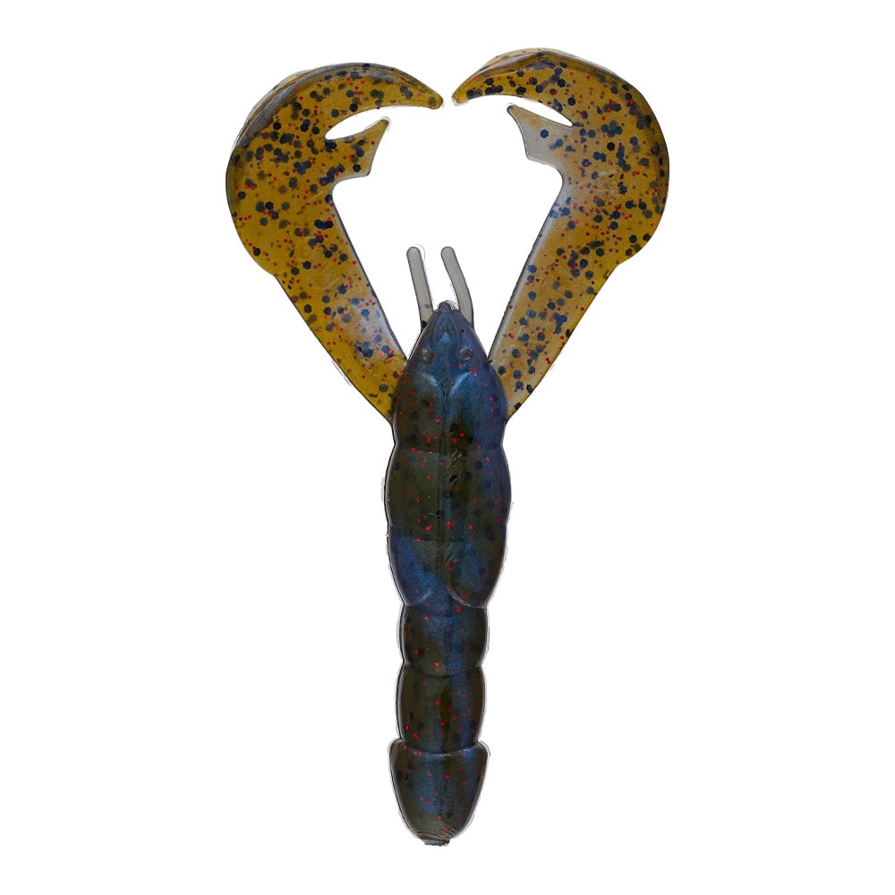 The Strike King Rage Craw, a realistic soft plastic fishing lure from the brand Strike King, resembles a crayfish and showcases a dark body with large yellow pincers highlighted by blue and black speckles.