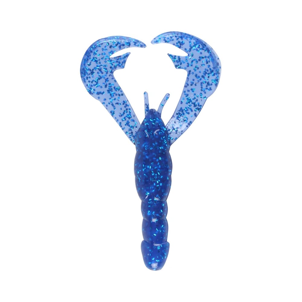 The Strike King Rage Craw, a soft plastic fishing lure designed by Strike King, mimics a blue lobster with its two prominent pincers and segmented body. It is infused with sparkly flecks that provide a shimmering effect, ideal for enticing the catch of the day.