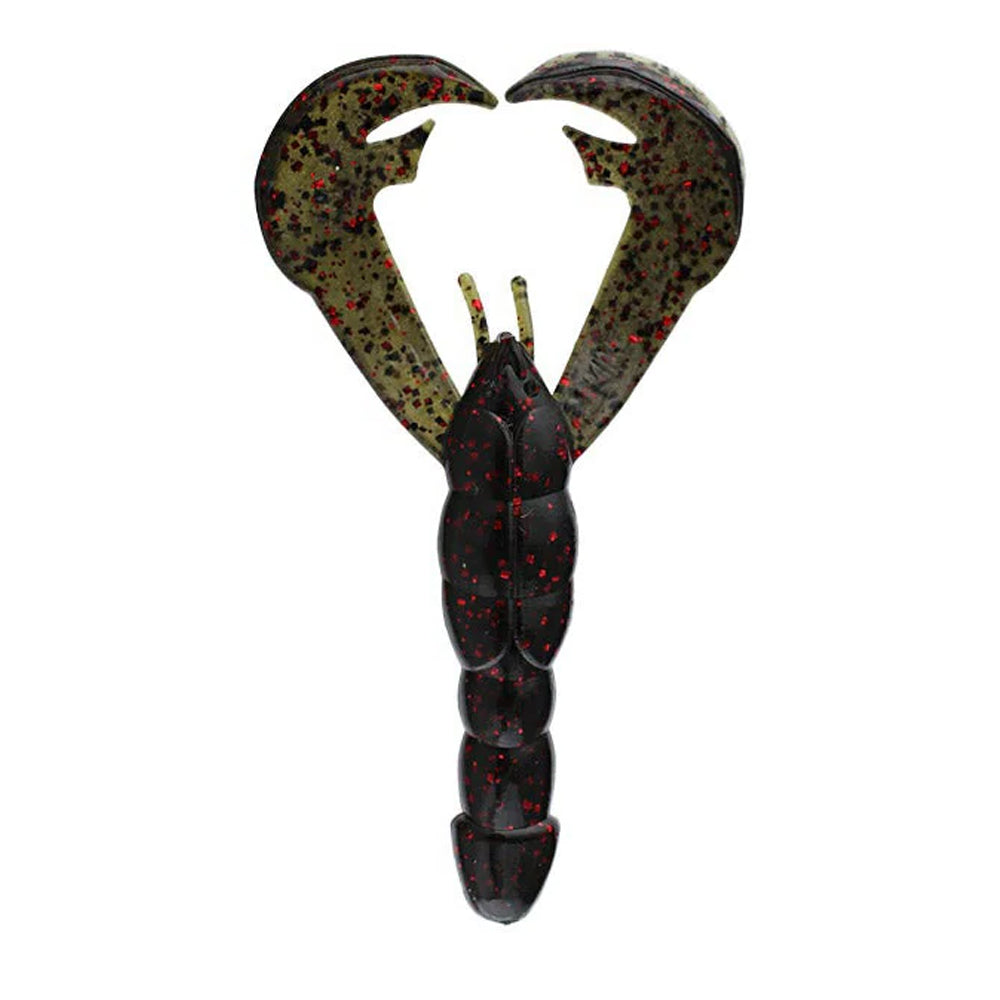 The Strike King Rage Craw by Strike King is a soft plastic fishing lure in black and green, embellished with red speckles. It features two wide, curved claws and a segmented tail.