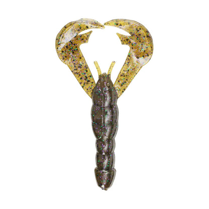 The Strike King Rage Craw is a skillfully designed soft plastic fishing lure that resembles a crawfish, complete with textured details. It has a dark body and two large, yellowish claws accented with colorful glitter.