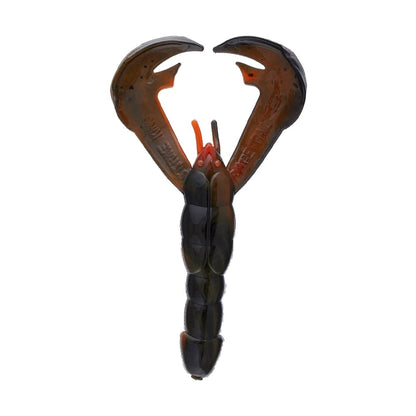 The Strike King Rage Craw, crafted by Strike King, is a lifelike soft plastic fishing lure resembling a crawfish. It features brown pincers and a segmented, dark brown body. The claws are spread apart to reveal vibrant red-tipped antennae, making it an ideal choice for attracting your next big catch.