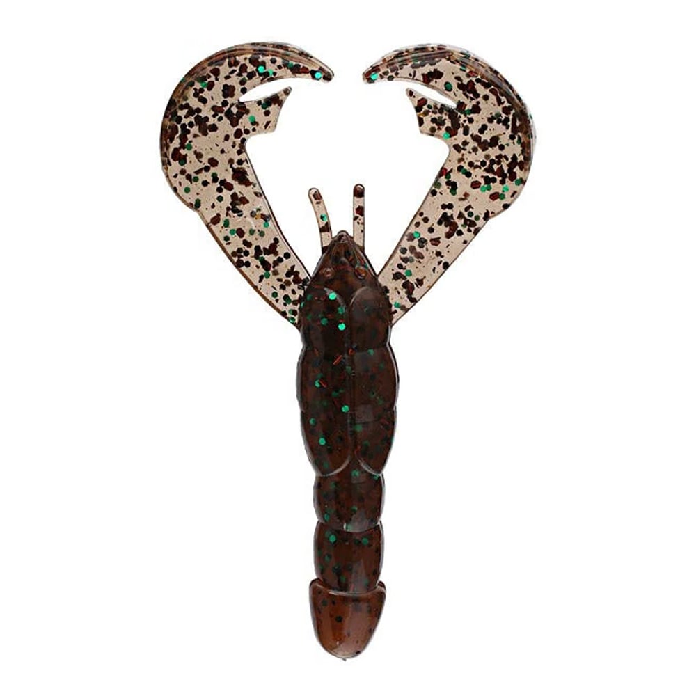 Introducing the Strike King Rage Craw: a premium soft plastic fishing lure, crafted to mimic a realistic crawfish. It features speckled brown and black claws with an alluring dark brown body, highlighted by green glitter accents. Ideal for luring in that trophy catch!