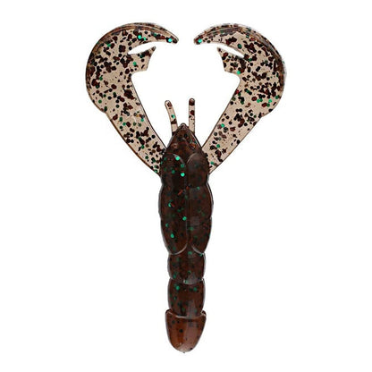 Introducing the Strike King Rage Craw: a premium soft plastic fishing lure, crafted to mimic a realistic crawfish. It features speckled brown and black claws with an alluring dark brown body, highlighted by green glitter accents. Ideal for luring in that trophy catch!