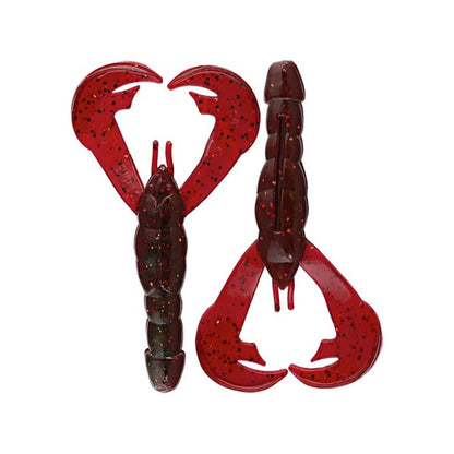 Two Strike King Rage Craw fishing lures, crafted from soft plastic and realistically designed in red and brown to resemble crawfish with detailed claws and bodies, are displayed side by side.