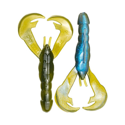 Close-up image of two Strike King Rage Craw soft plastic fishing lures designed to resemble crayfish. The left lure, by Strike King, is dark green with yellow claws, while the right one is blue with yellow claws and has a glittery finish. Both lures exhibit detailed textures that mimic real crayfish.