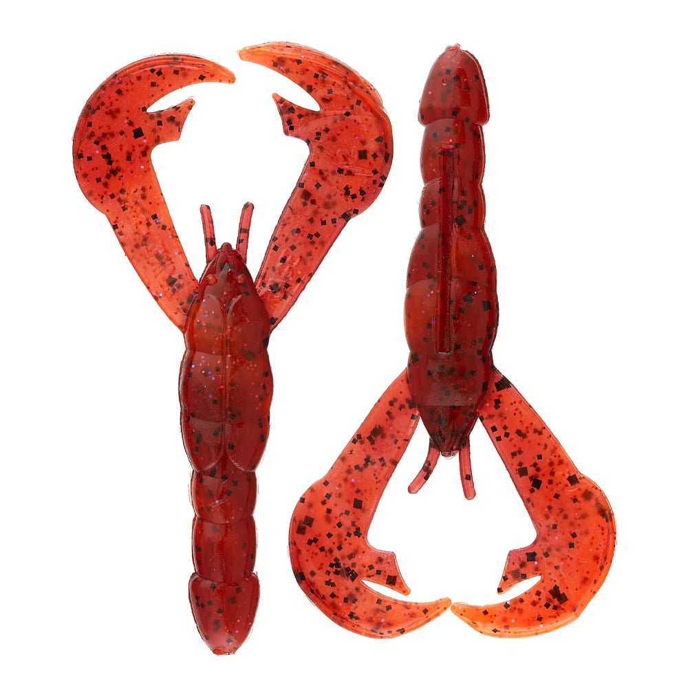 The Strike King Rage Craw, designed by the renowned brand Strike King, includes two red fishing lures made from soft plastic with black speckles. One lure is depicted from the top to emphasize its pincers and segmented body, and the other is presented from the side to showcase its lifelike shape and color.