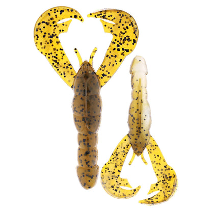 Two Strike King Rage Craw soft plastic fishing lures, one in brown with black specks and the other translucent with black specks, both showcasing large, realistic claws, are positioned side by side on a white background.