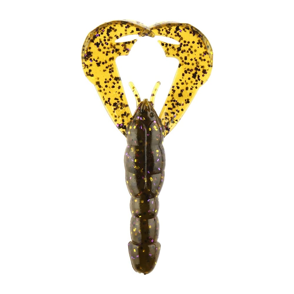 Close-up of the Strike King Rage Craw, a fishing lure featuring a dark segmented body and translucent, heart-shaped appendages. These soft plastic bait appendages are speckled with black and purple flakes from the renowned brand Strike King, creating a shimmering effect.