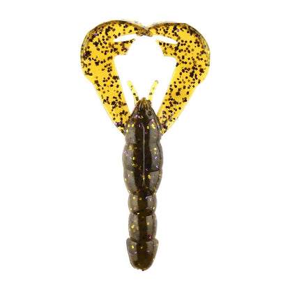 Close-up of the Strike King Rage Craw, a fishing lure featuring a dark segmented body and translucent, heart-shaped appendages. These soft plastic bait appendages are speckled with black and purple flakes from the renowned brand Strike King, creating a shimmering effect.