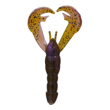 Introducing the Strike King Rage Craw, a soft plastic fishing lure designed to replicate a crawfish with remarkable detail. Its body features a mix of brown and purple shades, highlighted by vivid orange pincers dotted with black specks, making it an irresistible attraction for any fish.