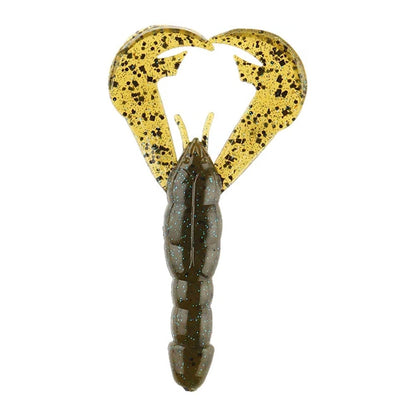 The Strike King Rage Craw, a soft plastic fishing lure by Strike King, showcases a dark segmented body and two large claws or wings that are translucent yellow with black speckles.