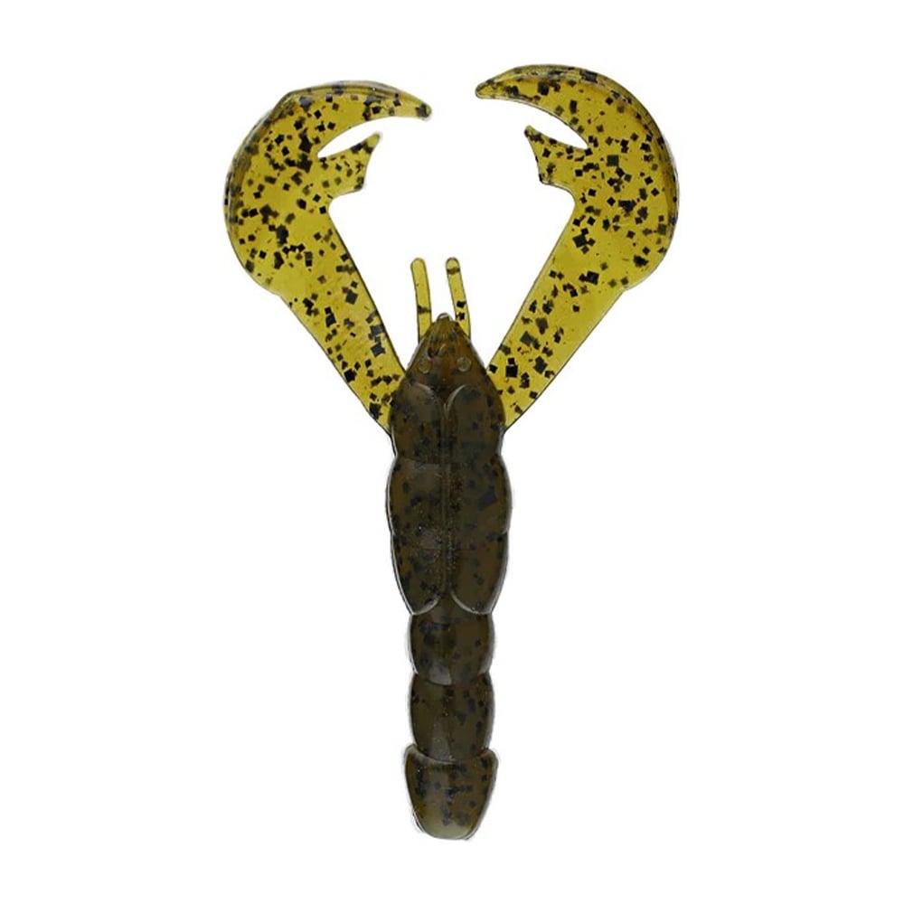 Introducing the Strike King Rage Craw, a realistic soft plastic lure in dark green and yellow with speckles from the trusted Strike King brand. This expertly designed fishing lure features large claws and a segmented body, perfect for your next big catch.