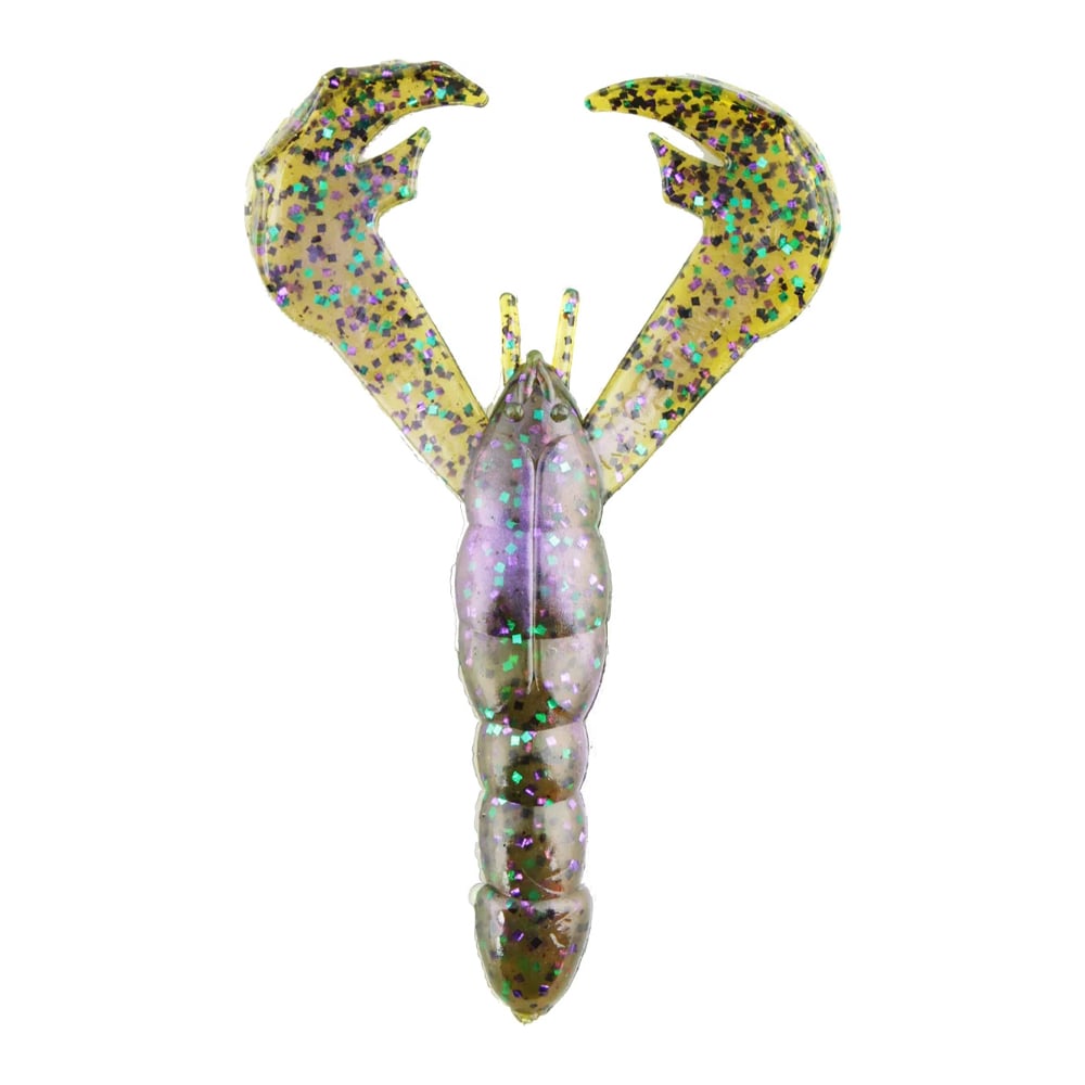 The Strike King Rage Craw fishing lure by Strike King, crafted in the likeness of a crawfish, boasts glittery green and yellow speckles on its translucent body, presented on a plain white background.