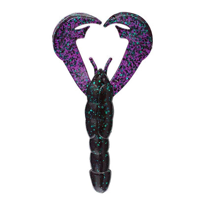 Introducing the Strike King Rage Craw, a top-quality soft plastic fishing lure expertly crafted by Strike King to resemble a crawfish. It showcases a dark body accented with blue and green speckles, along with purple claw-shaped appendages adorned with black speckles, artistically arranged in a heart shape.