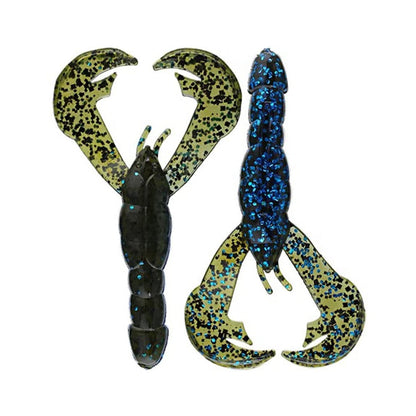 Two Strike King Rage Craw soft plastic lures by Strike King, designed to resemble crayfish, are displayed side by side against a white background—one in green with black spots and the other in blue with black spots.