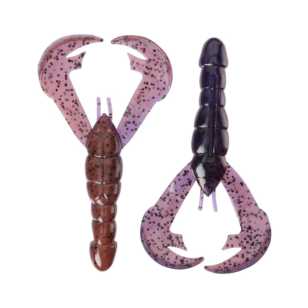 Two Strike King Rage Craw lures, designed to resemble crayfish, display unique designs. The lure on the left is a brown soft plastic bait accented with black speckles. On the right, there's a vibrant purple version with similar specks. Both feature two large pincers and segmented bodies, making them ideal for landing that big catch.

