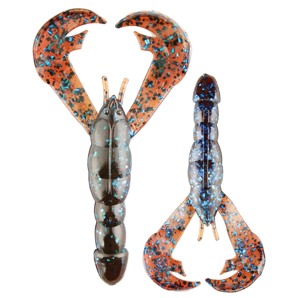 Two Strike King Rage Craw lures: one positioned upward and the other downward. These soft plastic fishing lures by Strike King are predominantly brown with blue and orange speckles, featuring intricately detailed claws and segmented bodies, expertly crafted for fishing.