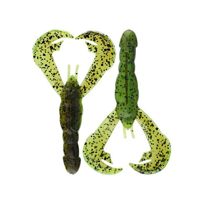 The Strike King Rage Craw soft plastic fishing lures, produced by the well-known brand Strike King, expertly mimic crawfish with their translucent green hue and black speckles. One lure highlights the top view while the other displays the underside, making them the perfect soft plastic bait for your next fishing adventure.