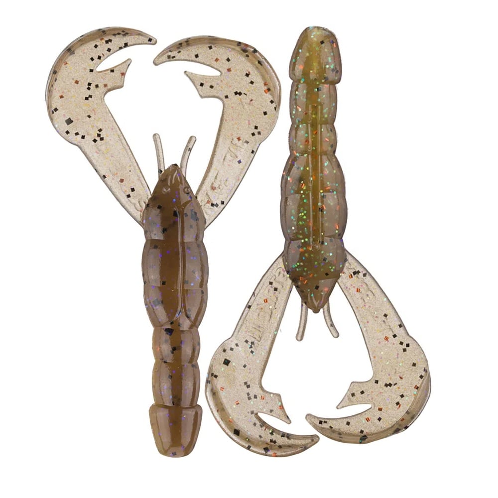 Two expertly crafted Strike King Rage Craw lures, made of soft plastic to mimic crayfish, feature segmented bodies and large claws. These lures come in a translucent brown color speckled with black and green glitter. Positioned in different orientations, these enticing baits are ready to attract the catch of the day.